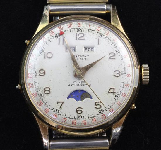 A gentlemans gold plated and steel Praesent Date-Exact calendar moonphase wrist watch,